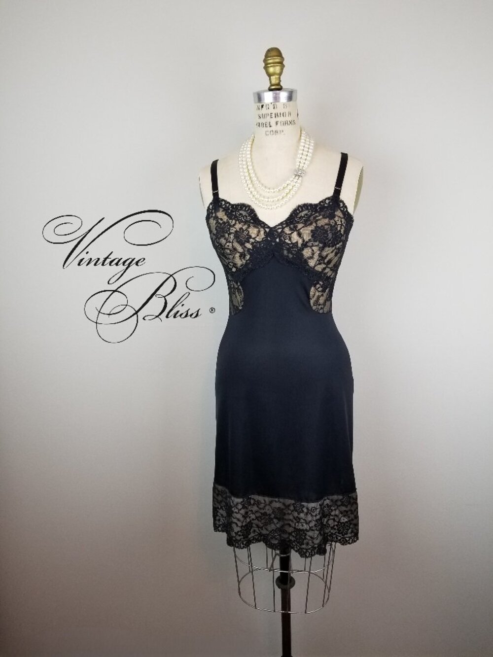 Vintage 1950's Sexy Partially Sheer Black Lace Slip Ladies Size 34
